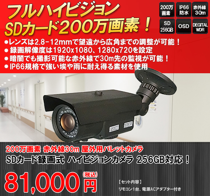 SDカード録画・高画質！200万画素 IP66 防水型 赤外線防犯カメラ ITR 