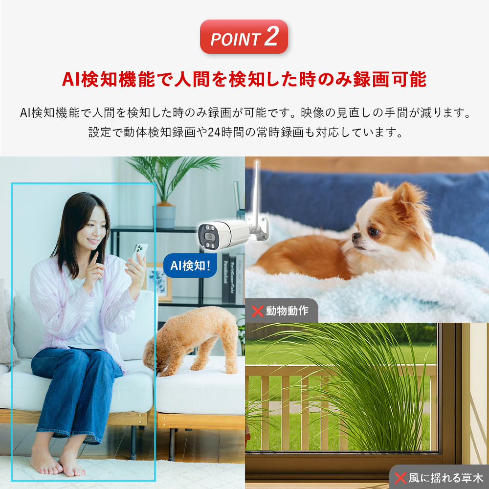 AI検知で人間を検知したときのみ録画可能