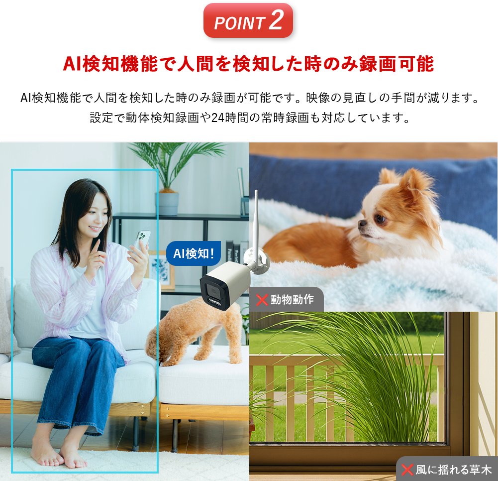 AI検知で人間を検知したときのみ録画可能
