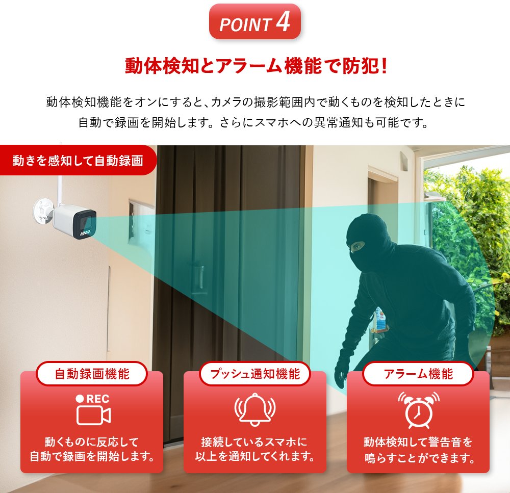 動体検知とアラーム機能で防犯