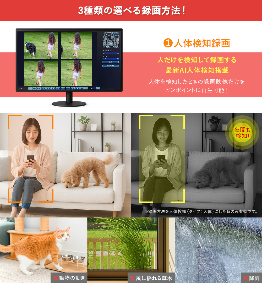 選べる録画方法 人体検知録画
