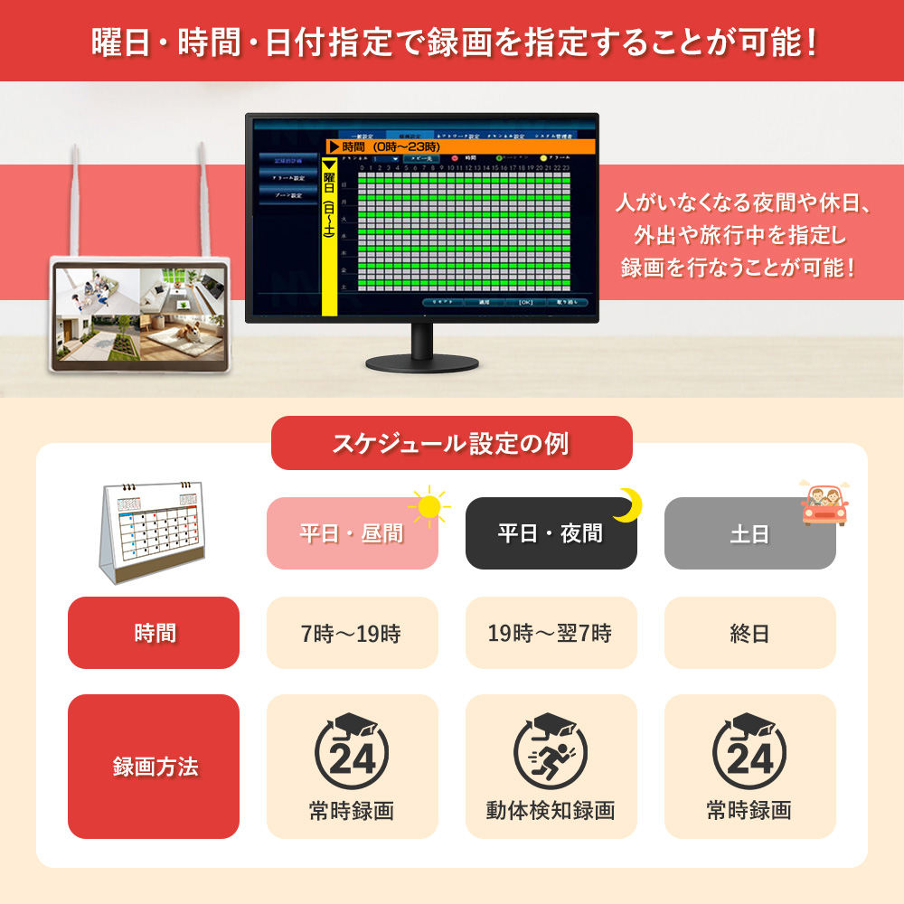 曜日・時間・日付指定で録画可能