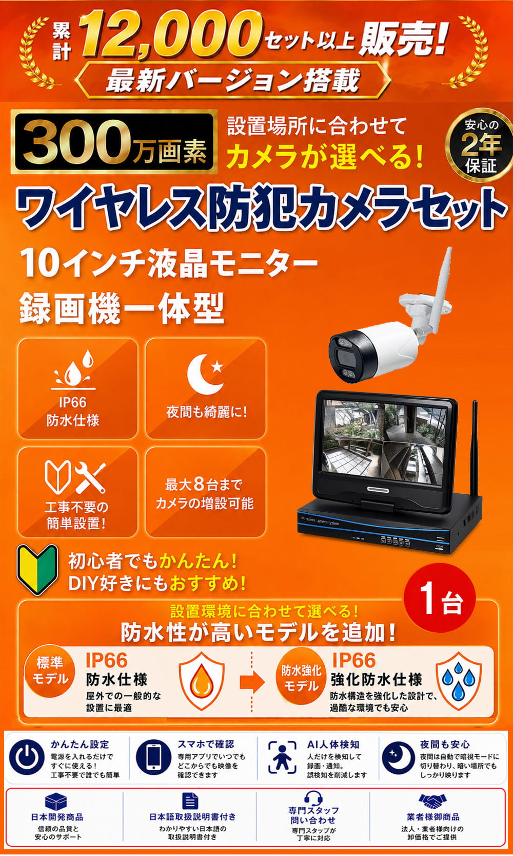 新型ワイヤレス防犯カメラセット