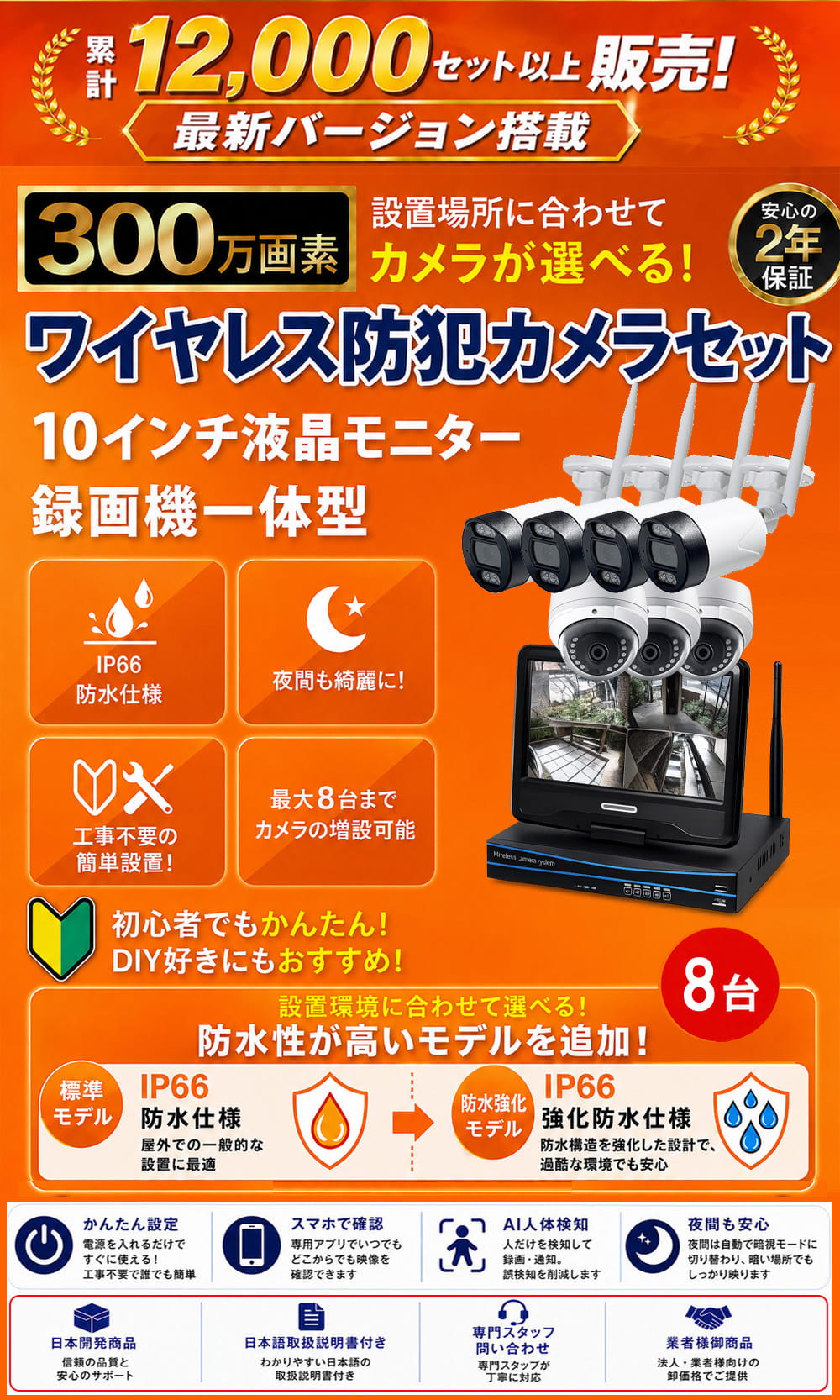 新型ワイヤレス防犯カメラセット
