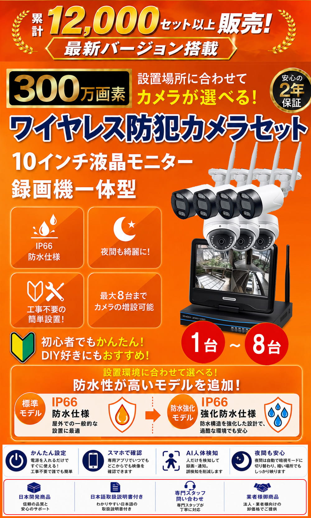 新型ワイヤレス防犯カメラセット