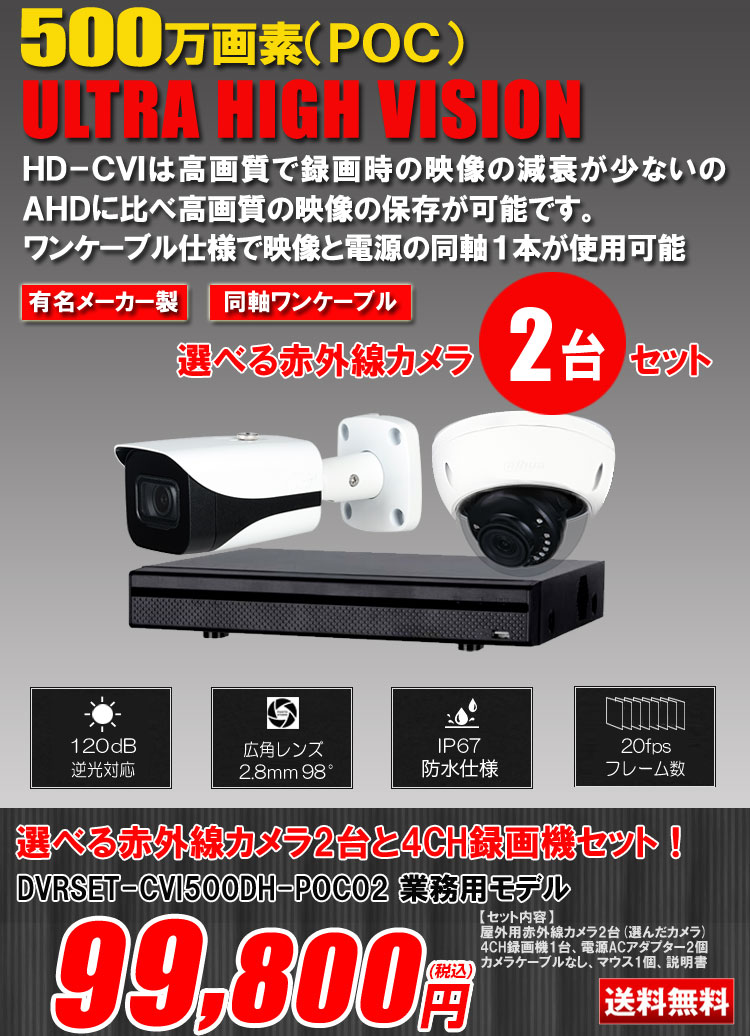 同軸ワンケーブル 防犯カメラ2台セット 屋外 CVI 500万画素 録画機1TB H.265 上書き機能 バレット・ドーム・カメラが選べる 常時録画  動体検知録画 DVRSET-CVI500DH-POC02 | 防犯カメラ・監視カメラ専門通販店 秋葉原のアルタクラッセ