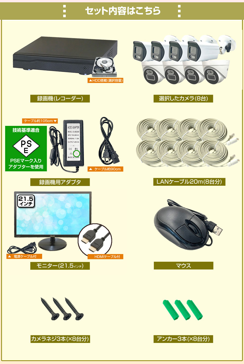 防犯カメラ 8台セット 屋外 21.5インチモニターセット 録画機