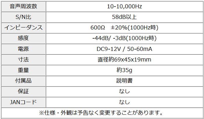 MIC-3300 カメラ用小型高感度マイク