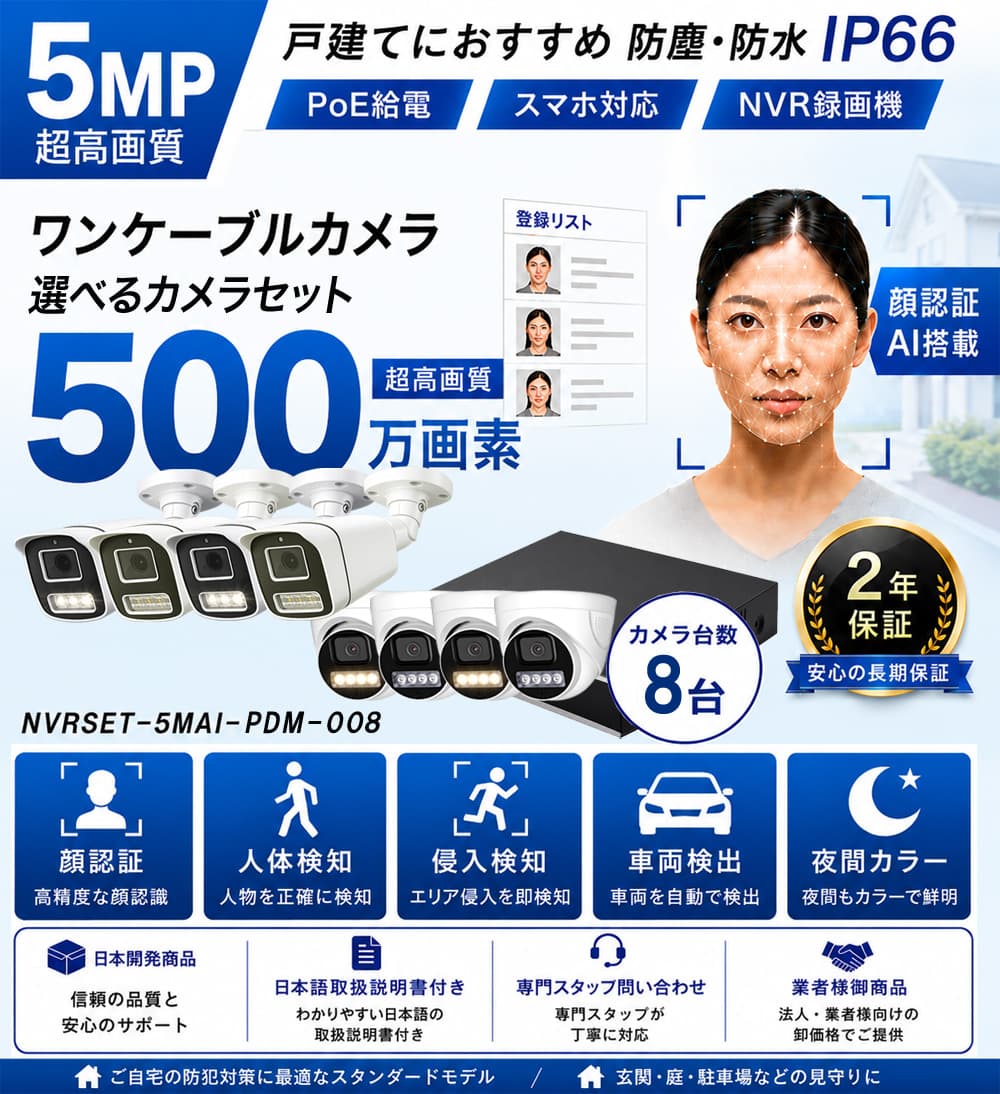 500万画素AI顔認証防犯カメラ8台セット特別価格バナー