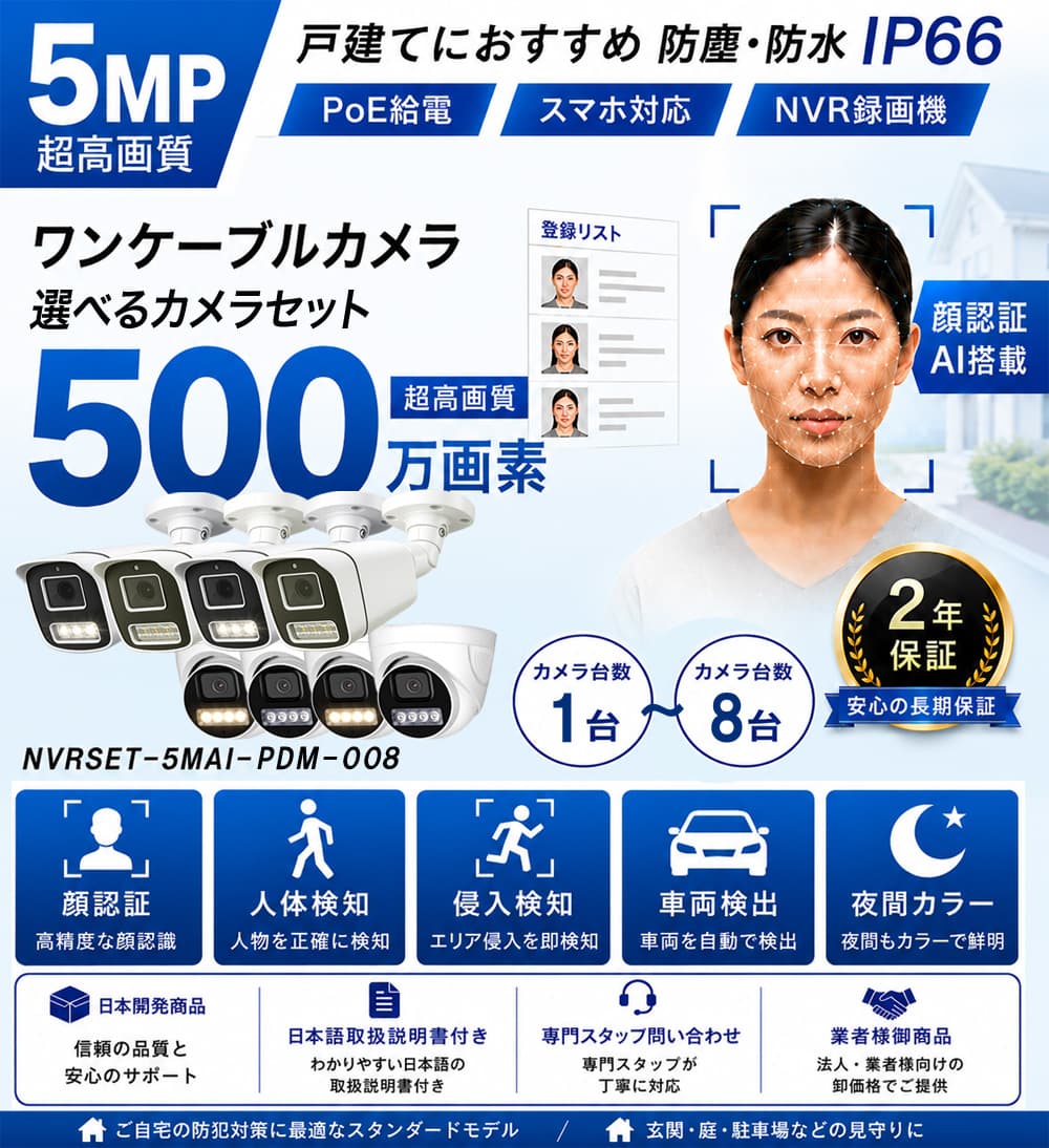 500万画素AI顔認証防犯カメラ1〜8台セット特別価格バナー