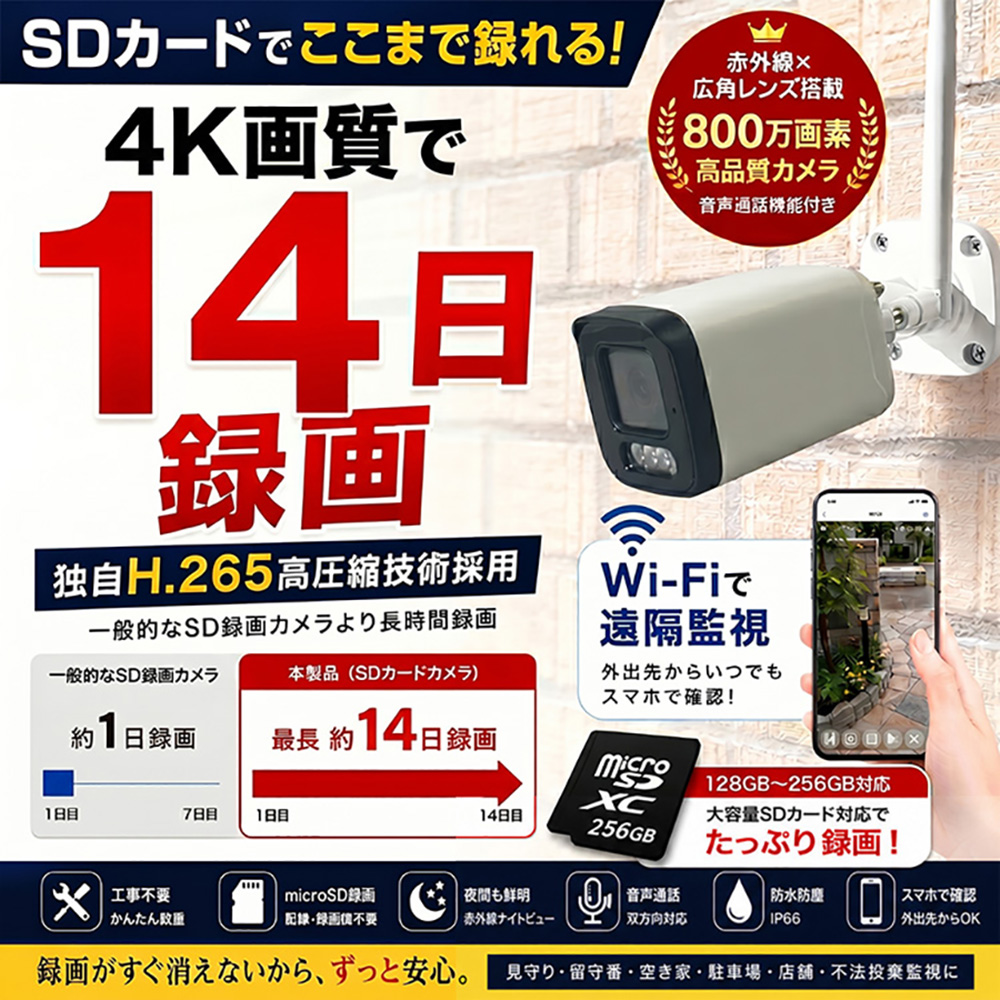 800万画素屋外用Wi-Fi防犯カメラ SHDB-WIFI800PR 本体外観