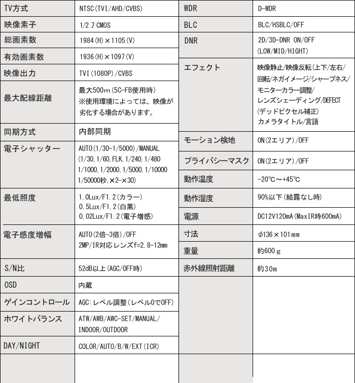 TVI AHD 赤外線カメラ