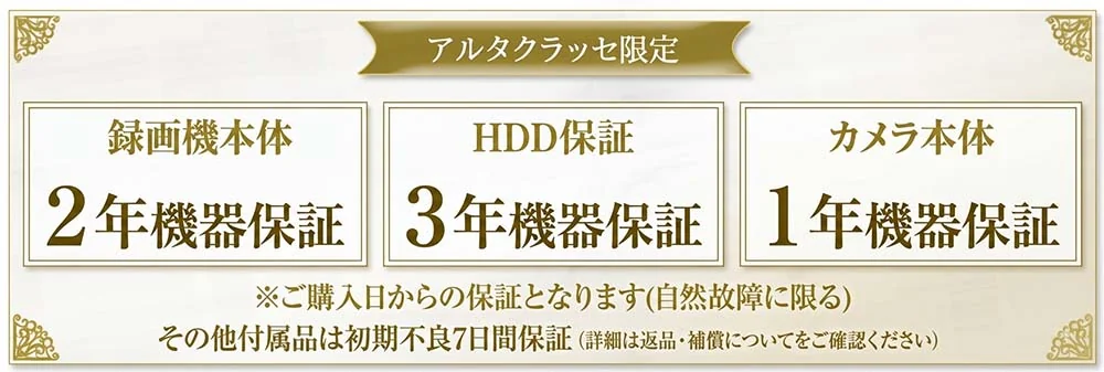 製品保証の案内。録画機本体2年、HDD3年、カメラ本体1年。保証条件を掲載