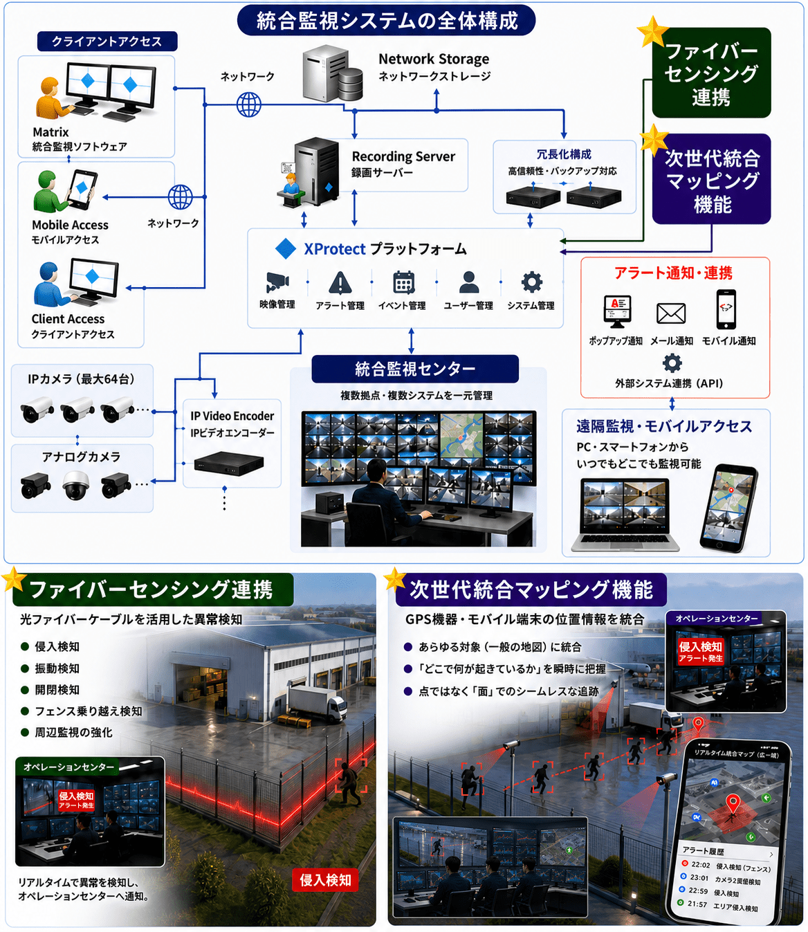 統合監視システム構成図。クライアントアクセス、ネットワークストレージ、録画サーバー、Milestone XProtectプラットフォーム、統合監視センター、アラート通知、遠隔監視、ファイバーセンシング連携、次世代統合マッピング機能を連携する構成図。マイルストーン 統合監視システム ファイバーセンシング 位置情報連携